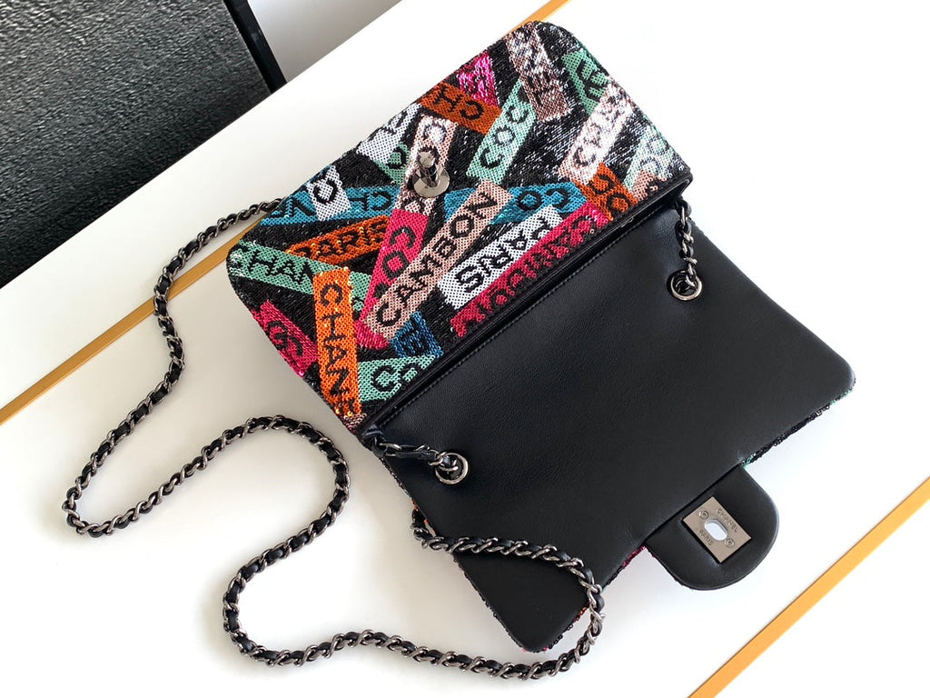 CHANEL Sequin Logo Small Flap Ruthenium Multicolor