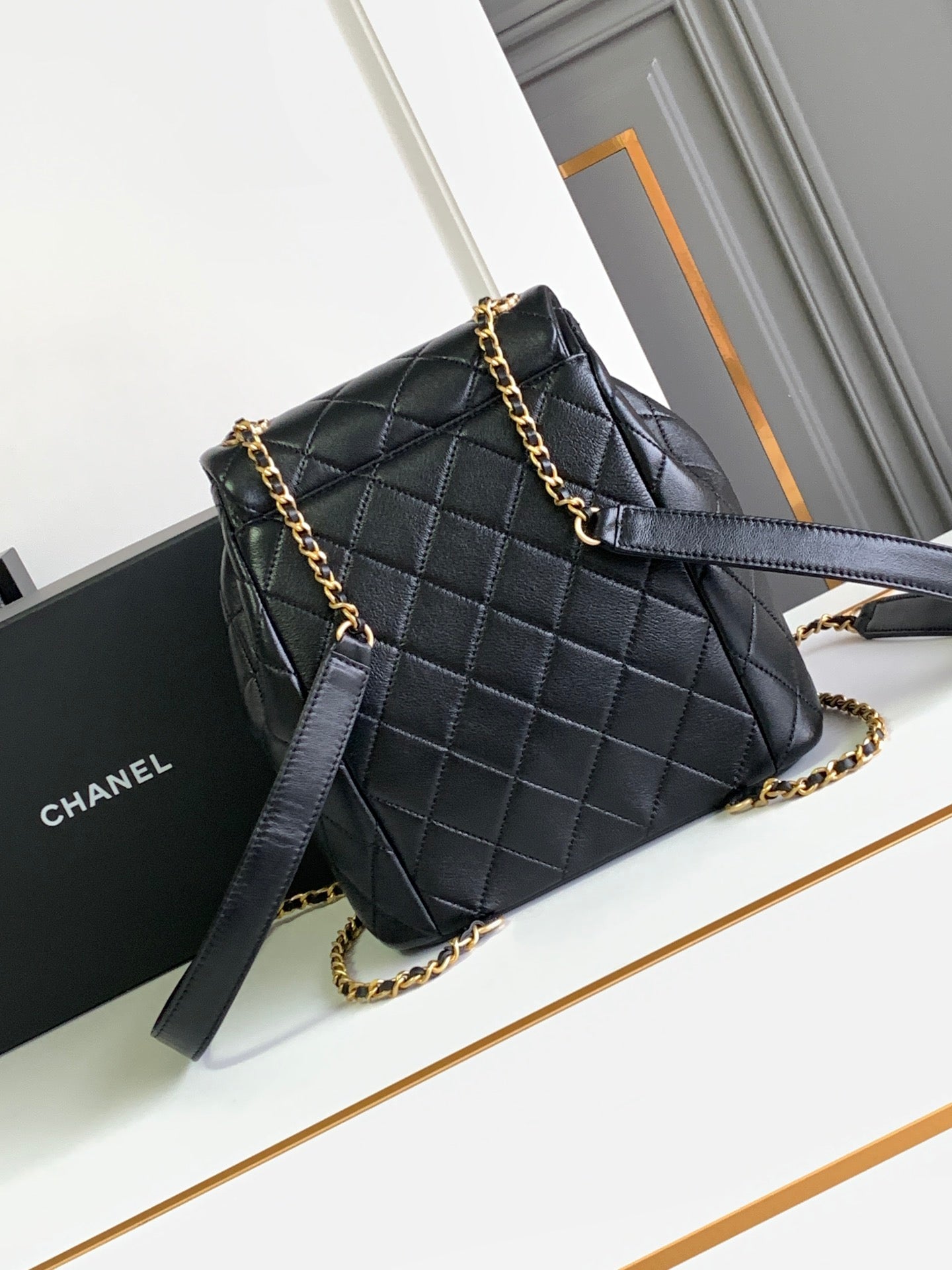 Chanel Duma Backpack Calfskin Gold CC Logo Medium Black Backpack