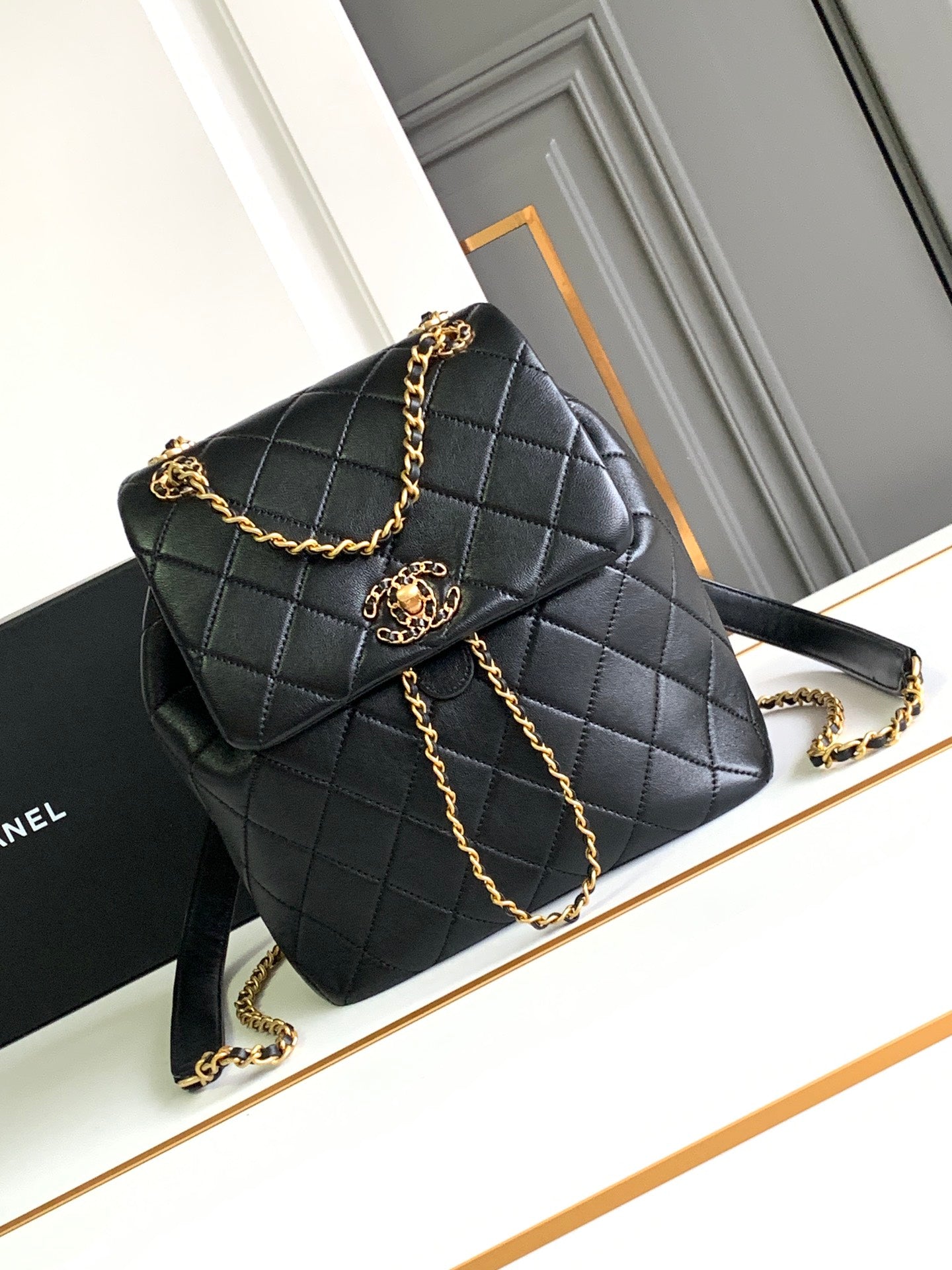 Chanel Duma Backpack Calfskin Gold CC Logo Medium Black Backpack
