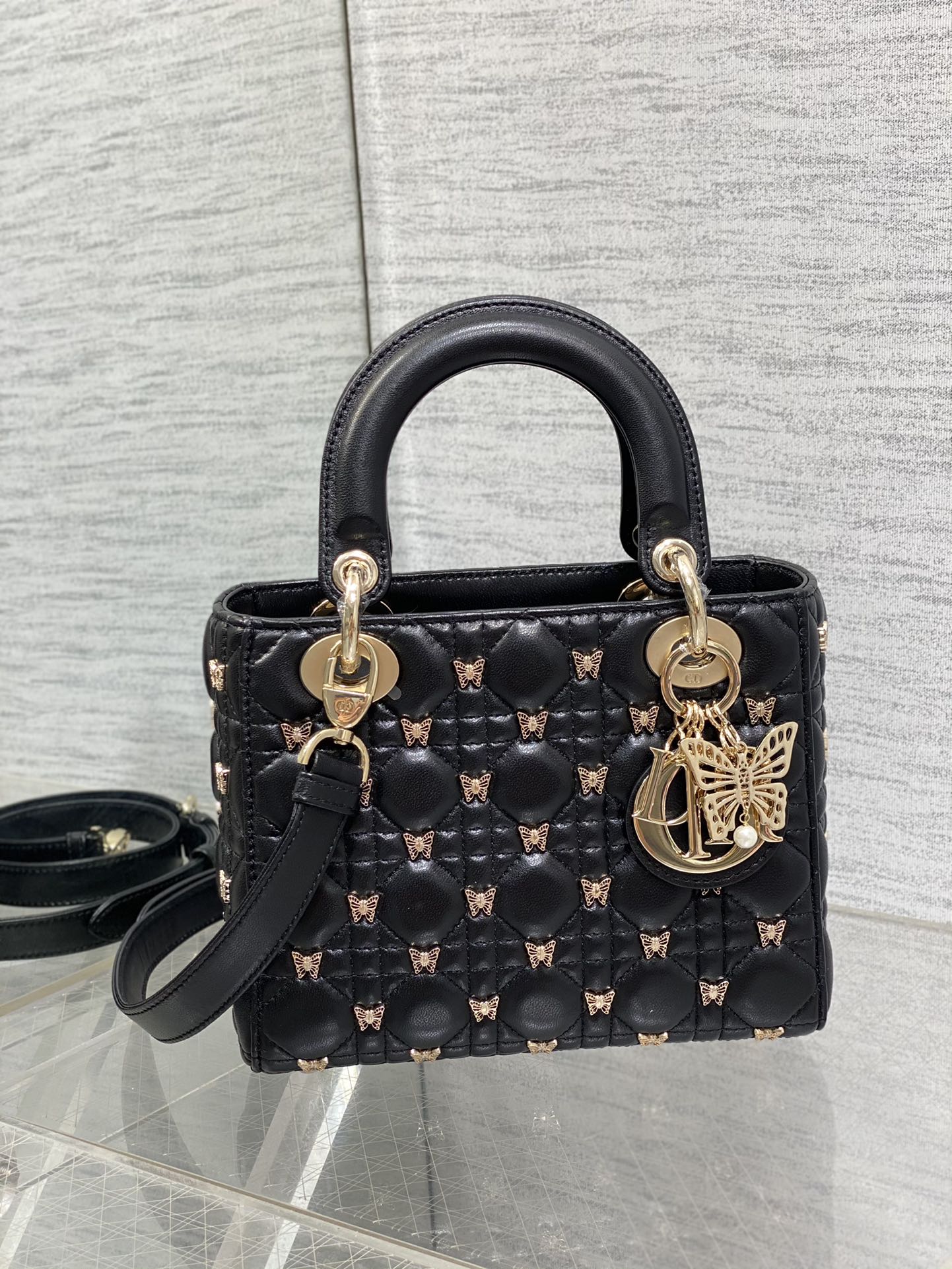 Christian Dior LADY DIOR Butterfly Crossbody Bag Black 20cm