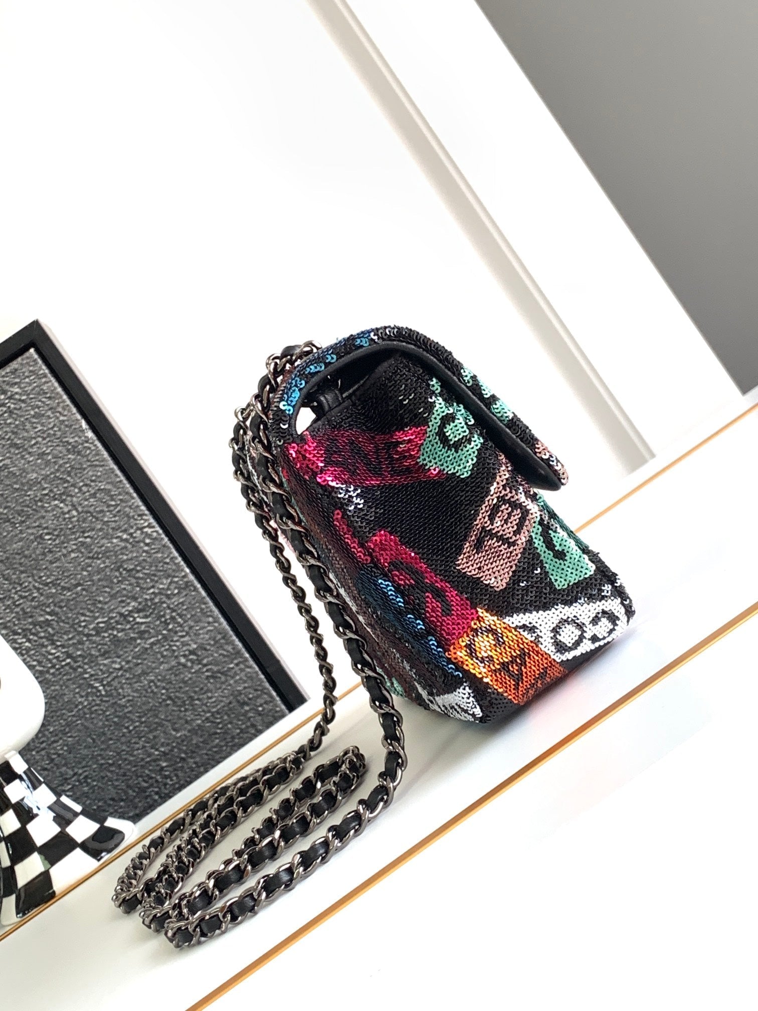 CHANEL Sequin Logo Small Flap Ruthenium Multicolor