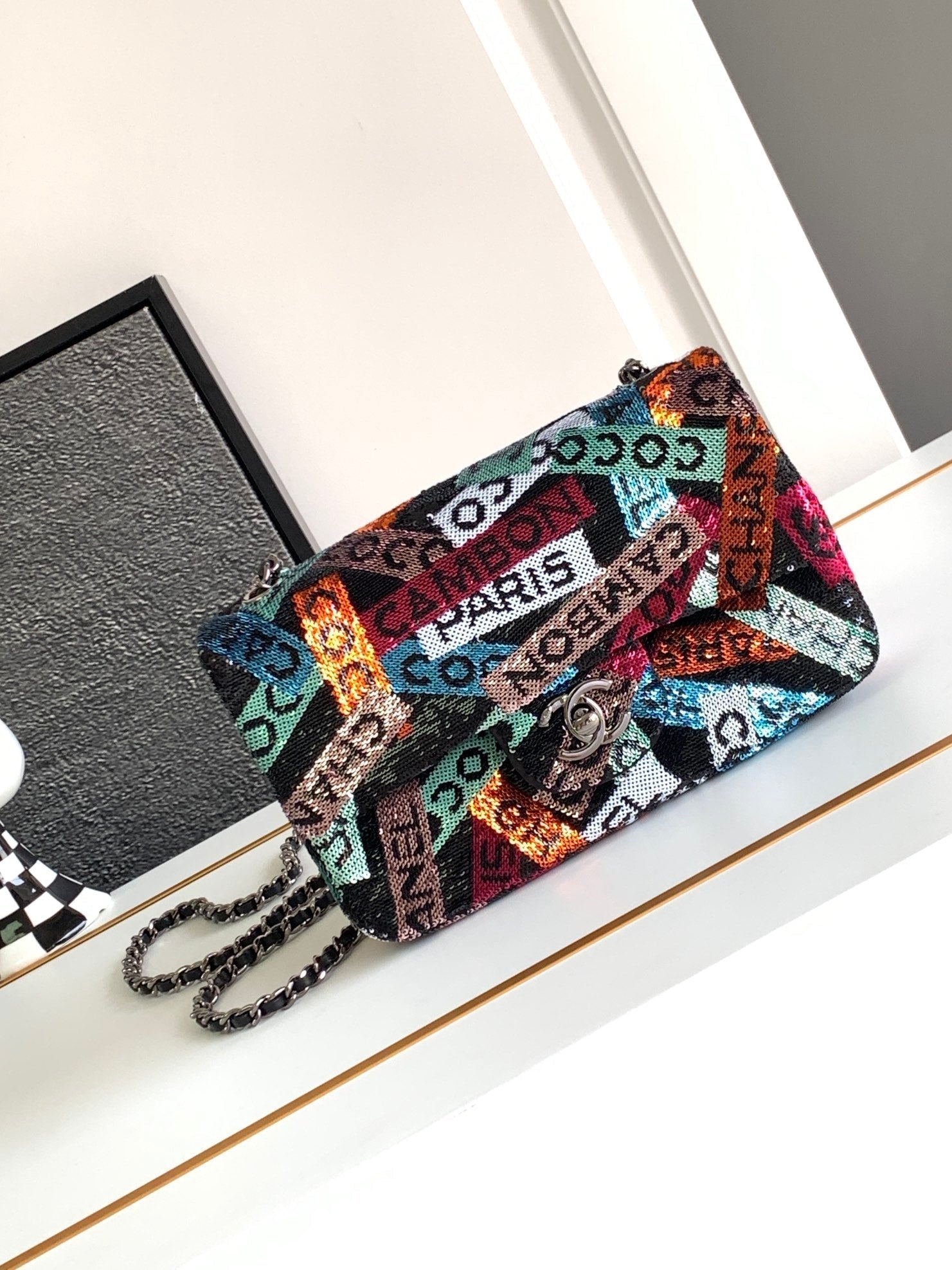 CHANEL Sequin Logo Small Flap Ruthenium Multicolor