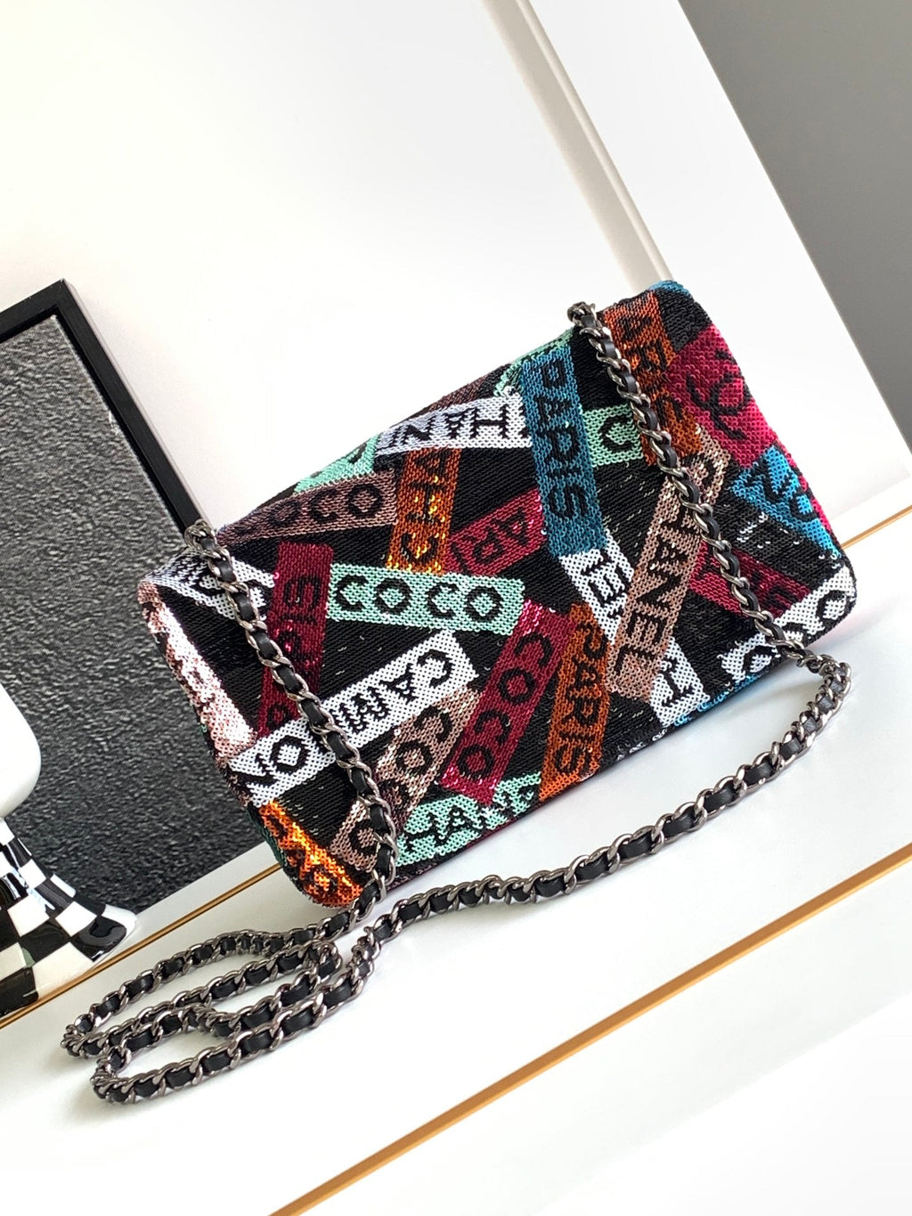 CHANEL Sequin Logo Small Flap Ruthenium Multicolor