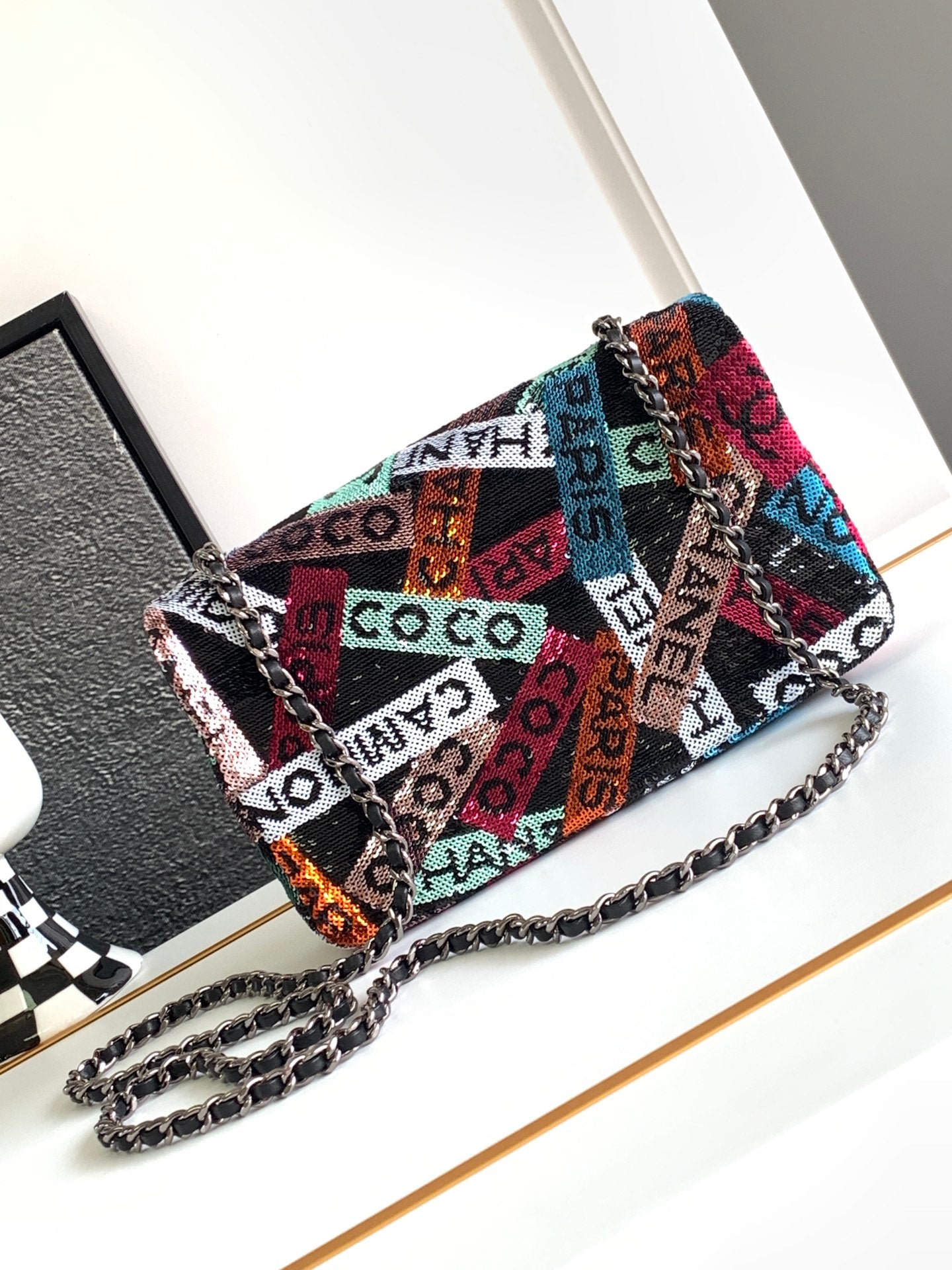 CHANEL Sequin Logo Small Flap Ruthenium Multicolor