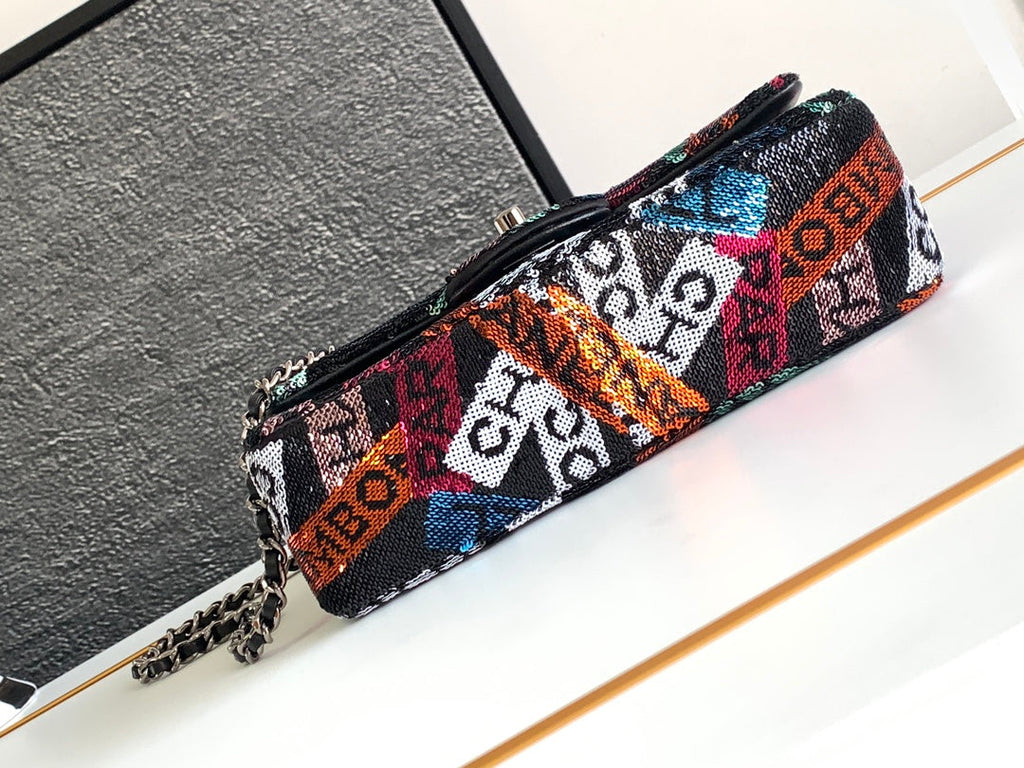 CHANEL Sequin Logo Small Flap Ruthenium Multicolor