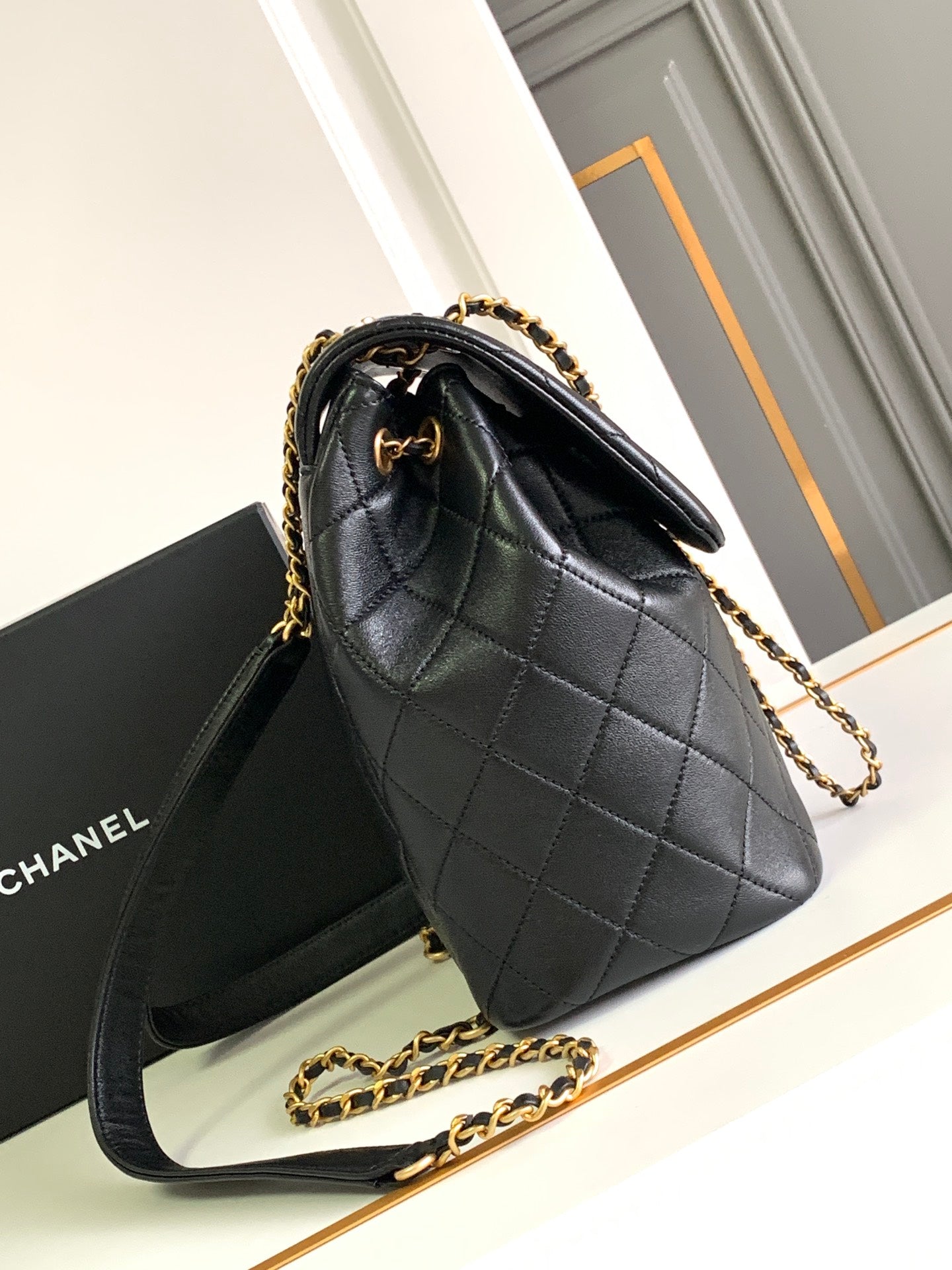 Chanel Duma Backpack Calfskin Gold CC Logo Medium Black Backpack